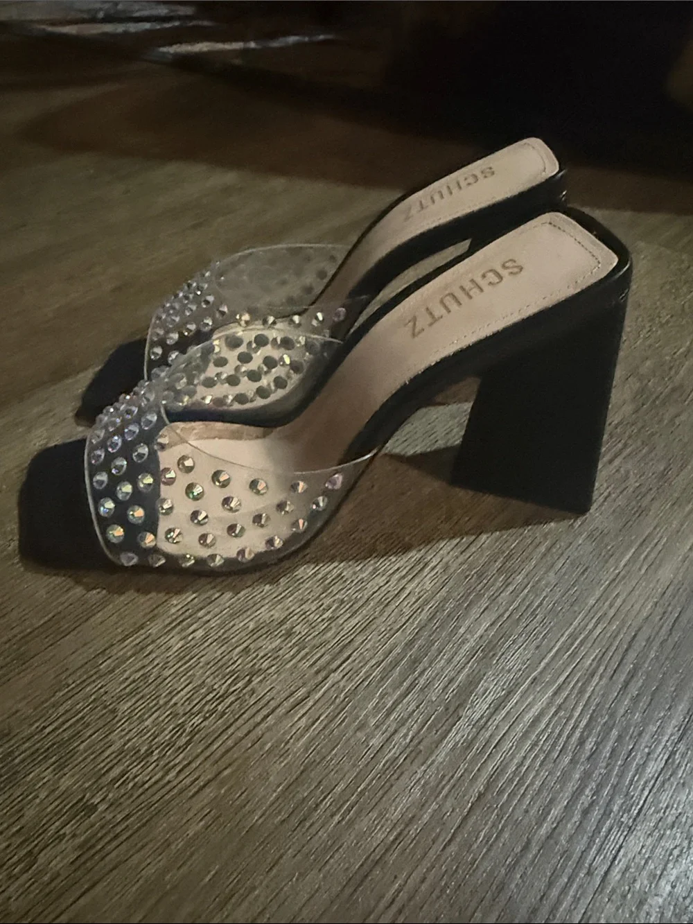 SCHUTZ Black Heeled Mules with Iridescent Gem Accents
